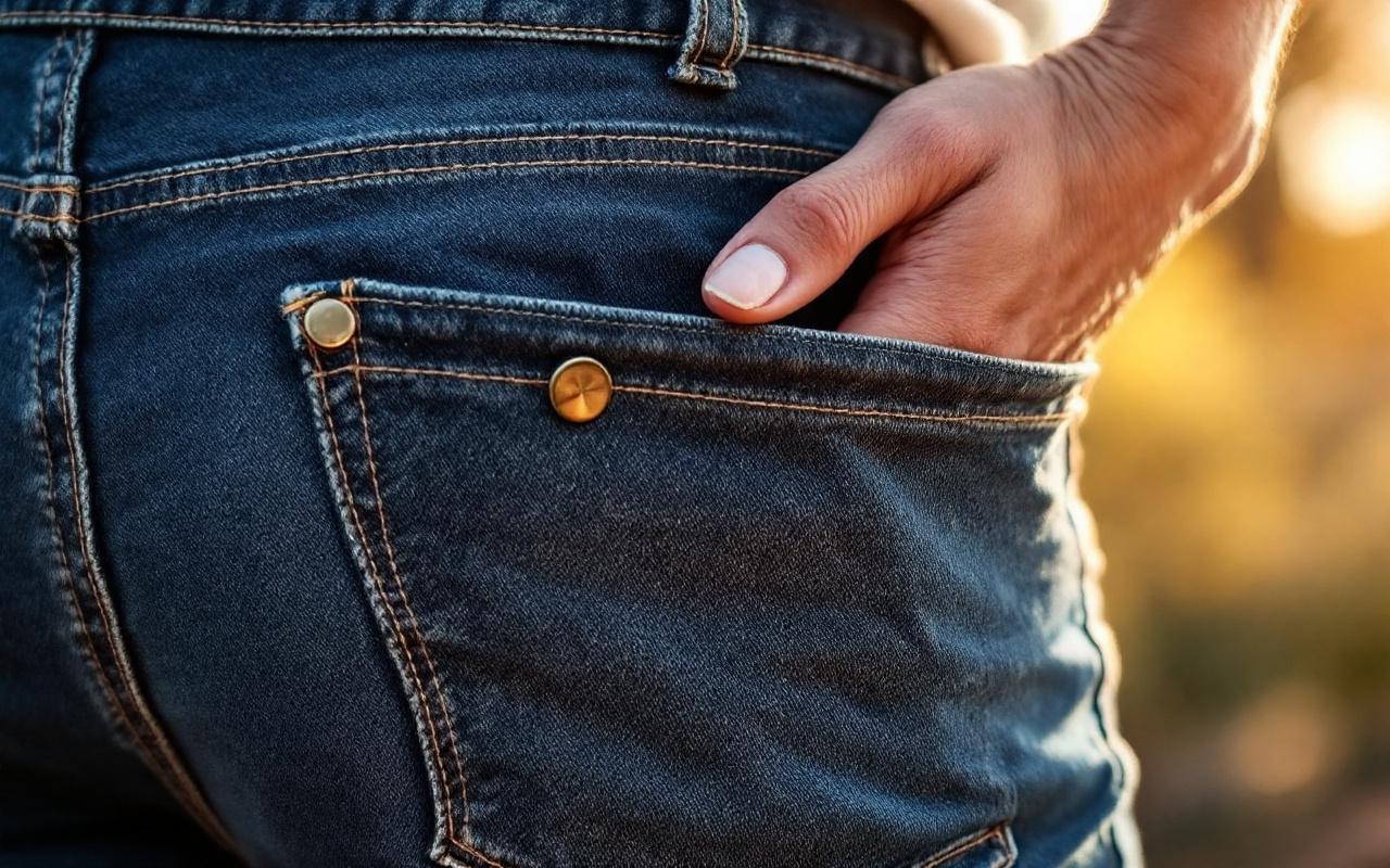 Gros plan sur un jean slim montrant la taille et le détail des poches : texture du denim, coutures et rivets visibles, légère usure, main posée près de la poche, éclairage naturel doré et flou d'arrière-plan.