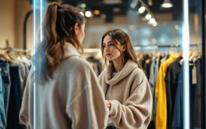 Jeune femme essayant un jean slim devant un grand miroir dans une boutique de vêtements, regardant son reflet. Lumière naturelle douce traversant la vitrine, tons denim bleu et beige chauds, ambiance réaliste et détendue.