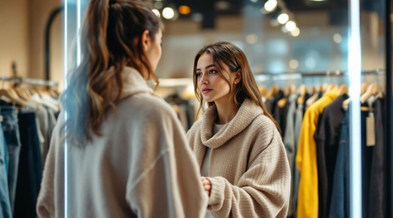 Jeune femme essayant un jean slim devant un grand miroir dans une boutique de vêtements, regardant son reflet. Lumière naturelle douce traversant la vitrine, tons denim bleu et beige chauds, ambiance réaliste et détendue.