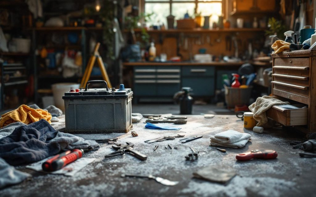 Garage encombré en cours de grand ménage domestique, avec une batterie de voiture usagée posée près d’outils dans une ambiance réaliste et lumineuse.