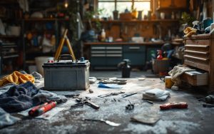 Garage encombré en cours de grand ménage domestique, avec une batterie de voiture usagée posée près d’outils dans une ambiance réaliste et lumineuse.