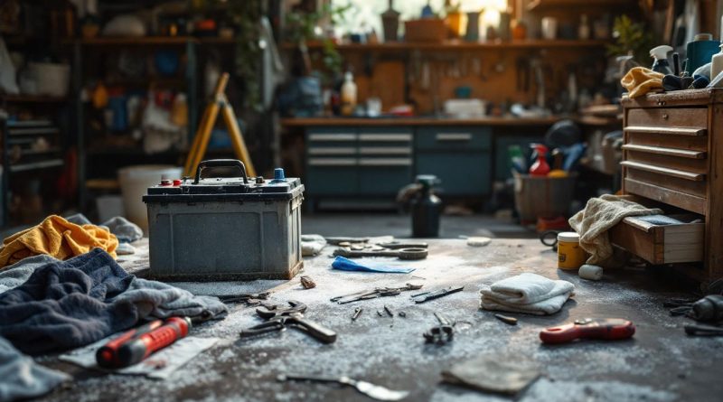 Garage encombré en cours de grand ménage domestique, avec une batterie de voiture usagée posée près d’outils dans une ambiance réaliste et lumineuse.