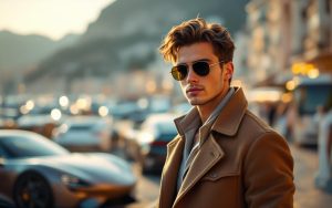 Portrait éditorial d’un jeune homme portant une veste élégante et des lunettes de soleil sur une promenade à Monaco, avec des supercars en arrière-plan dans une ambiance luxe.