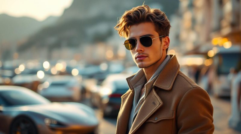 Portrait éditorial d’un jeune homme portant une veste élégante et des lunettes de soleil sur une promenade à Monaco, avec des supercars en arrière-plan dans une ambiance luxe.