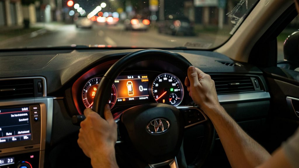 Tableau de bord réaliste de voiture, voyant orange d’injection allumé, conducteur avec la main sur le volant, ambiance nocturne et inquiétude calme.