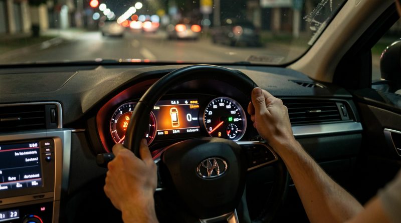 Tableau de bord réaliste de voiture, voyant orange d’injection allumé, conducteur avec la main sur le volant, ambiance nocturne et inquiétude calme.