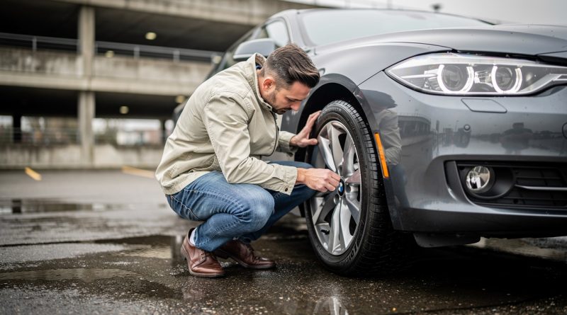 Un homme vérifie les pneus et les feux d’une voiture garée dans un parking avant un contrôle technique.