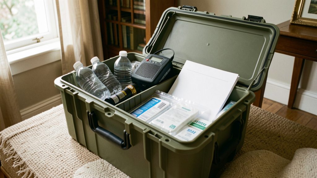 Caisse étanche contenant un kit d’urgence bien rangé avec eau, lampe, radio, fournitures médicales et documents vierges dans l’intérieur lumineux d’une maison française.