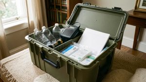 Caisse étanche contenant un kit d’urgence bien rangé avec eau, lampe, radio, fournitures médicales et documents vierges dans l’intérieur lumineux d’une maison française.