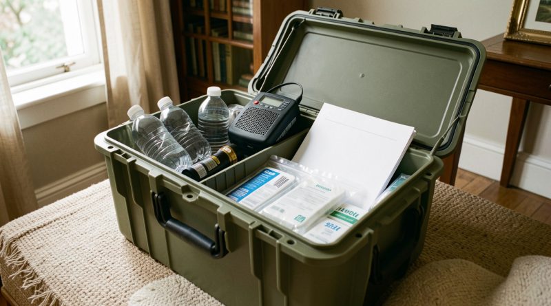 Caisse étanche contenant un kit d’urgence bien rangé avec eau, lampe, radio, fournitures médicales et documents vierges dans l’intérieur lumineux d’une maison française.