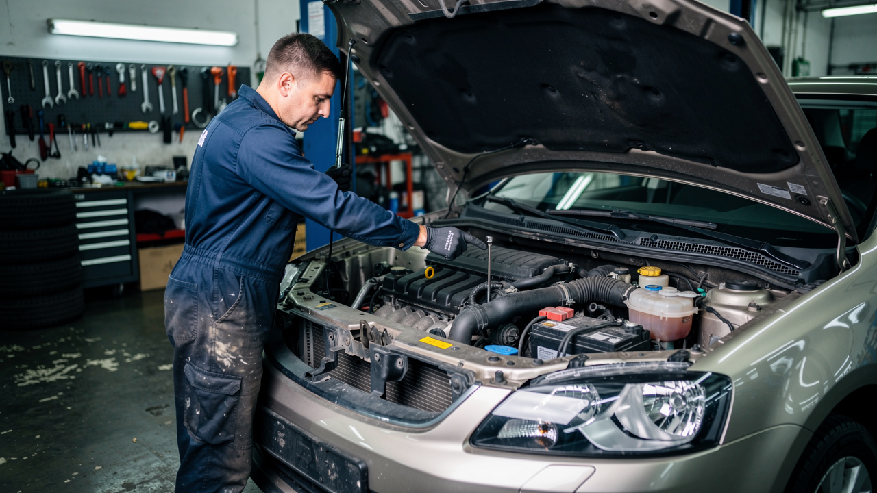Mécanicien inspectant le freinage, l’éclairage et les niveaux de liquides d’une voiture dans un atelier, capot ouvert et outils à proximité.