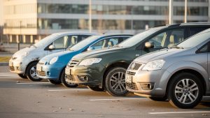 Cinq voitures d'occasion fiables alignées sur un parking lumineux : une citadine, une micro-citadine, une berline, un SUV et un monospace.