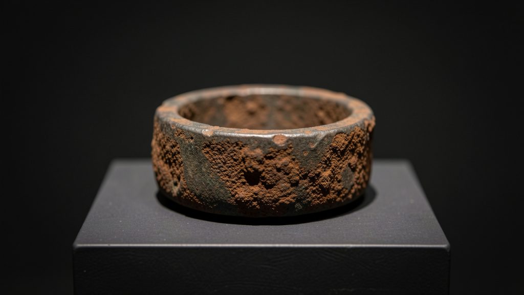 Bague funéraire grecque antique en fer corrodé présentée sur un socle de musée sombre sous un éclairage scientifique doux.
