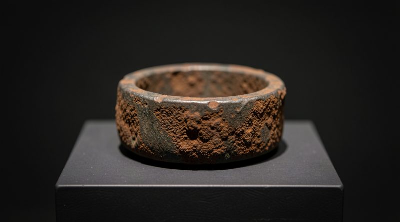 Bague funéraire grecque antique en fer corrodé présentée sur un socle de musée sombre sous un éclairage scientifique doux.