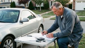 Un homme calcule un budget automobile à l’aide de feuilles vierges, d’une calculatrice et de clés, près d’une voiture familiale stationnée dans une allée résidentielle.