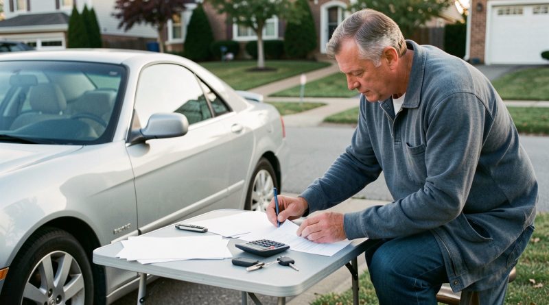 Un homme calcule un budget automobile à l’aide de feuilles vierges, d’une calculatrice et de clés, près d’une voiture familiale stationnée dans une allée résidentielle.