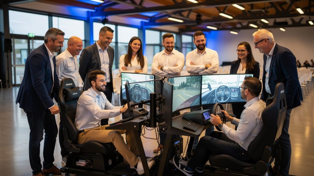 Groupe mixte de collaborateurs réunis autour de simulateurs de pilotage automobile dans une salle événementielle moderne à Landerneau, dans une ambiance professionnelle et conviviale.
