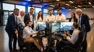 Groupe mixte de collaborateurs réunis autour de simulateurs de pilotage automobile dans une salle événementielle moderne à Landerneau, dans une ambiance professionnelle et conviviale.