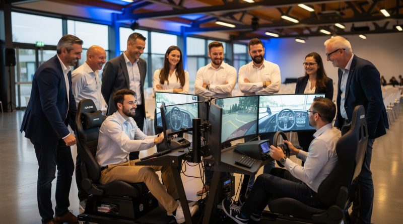 Groupe mixte de collaborateurs réunis autour de simulateurs de pilotage automobile dans une salle événementielle moderne à Landerneau, dans une ambiance professionnelle et conviviale.