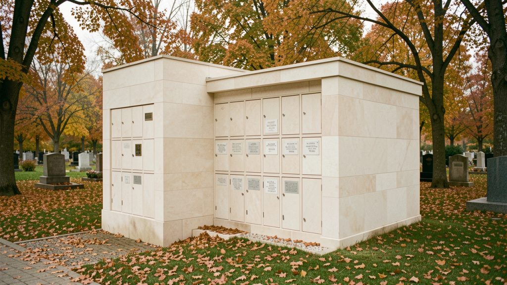 Columbarium contemporain aux façades en pierre claire dans un cimetière calme, éclairé par une douce lumière d’automne.