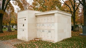 Columbarium contemporain aux façades en pierre claire dans un cimetière calme, éclairé par une douce lumière d’automne.