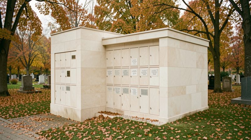 Columbarium contemporain aux façades en pierre claire dans un cimetière calme, éclairé par une douce lumière d’automne.