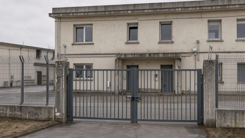 Façade sobre d’une maison d’arrêt française avec portail sécurisé, clôtures renforcées et bâtiment administratif, photographiée dans une ambiance documentaire réaliste sans personne identifiable.
