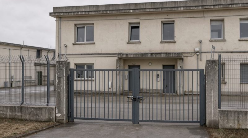 Façade sobre d’une maison d’arrêt française avec portail sécurisé, clôtures renforcées et bâtiment administratif, photographiée dans une ambiance documentaire réaliste sans personne identifiable.